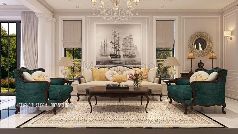 Mẫu sofa phòng khách biệt thự cao cấp được KTS thiết kế với kích thước khá rộng rãi, tone màu xanh cổ điển kết hợp với sắc trắng tinh khôi cũng là điểm đặc biệt thu hút, ấn tượng sofa tân cổ điển
