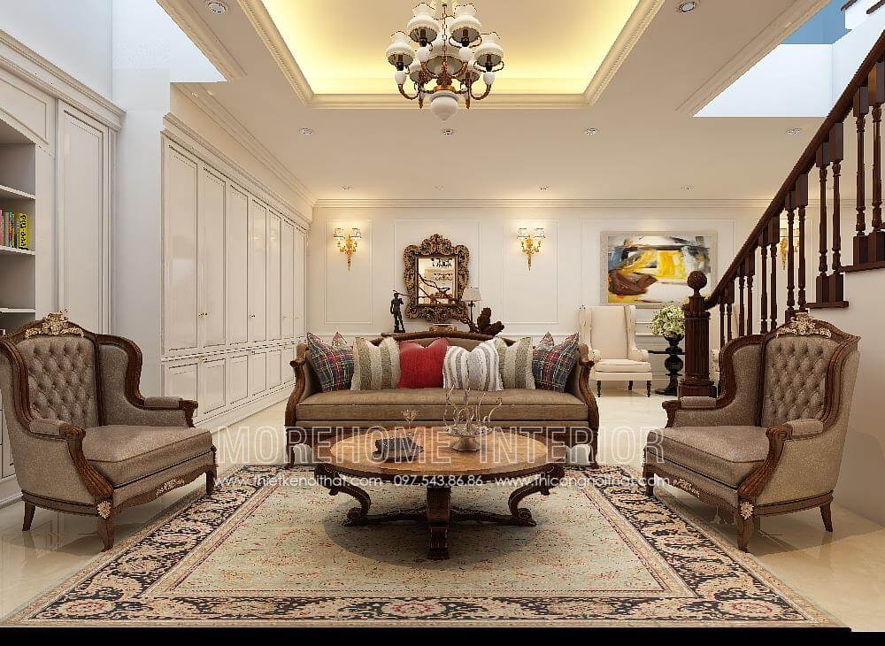 Sofa tân cổ điển gỗ tự nhiên, bọc nỉ cao cấp kết hợp với các chi tiết chạm trổ trang trí độc đáo sofa tân cổ điển