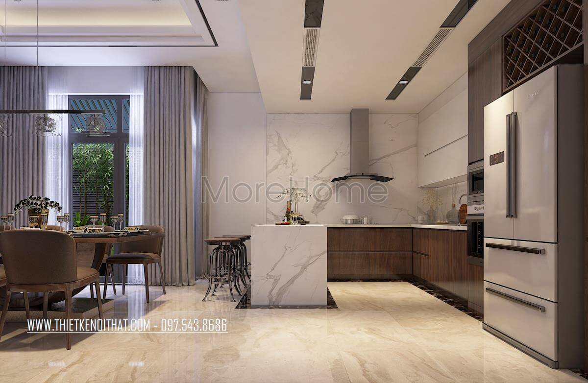 Mẫu tủ bếp gỗ công nghiệp veneer màu nâu chữ L hiện đại là điểm nhấn cho không gian bếp Tủ bếp gỗ công nghiệp