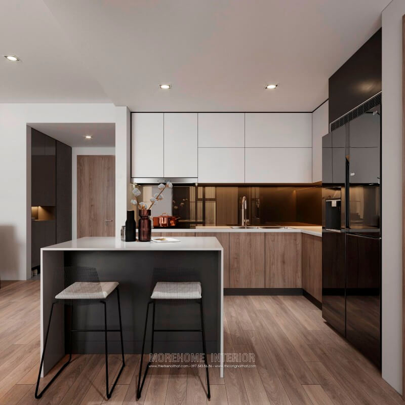 Tủ bếp chung cư gỗ An Cường sang trọng, chiếc bàn đảo chính giữa kết hợp bàn ăn phụ tạo sự thuận tiện nhất cho gia chủ Tủ bếp gỗ công nghiệp