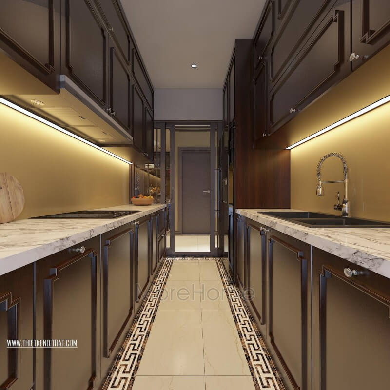 Tủ bếp gỗ việt của gia chủ được thiết kế theo hình chữ I phân chia làm hai khu vực song song nhau với công năng sử dụng khác nhau. Thiết kế tủ bếp, sản xuất tủ bếp chung cư