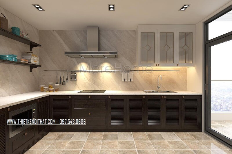 Phòng bếp đa năng với hệ tủ gỗ tự nhiên màu nâu đậm và tủ gỗ công nghiệp màu trắng thiết kế hiện đại, phù hợp không gian Thiết kế tủ bếp, sản xuất tủ bếp chung cư