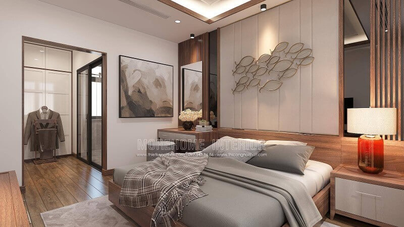 Bố trí nội thất phòng ngủ nam khép kín cùng một khoảng diện tích vừa phải thuận tiện cho việc thay đồ là một ý tưởng khá độc đáo trong biệt thự hiện đại Vinhomes Imperia Hải Phòng. Thiết kế nội thất biệt thự