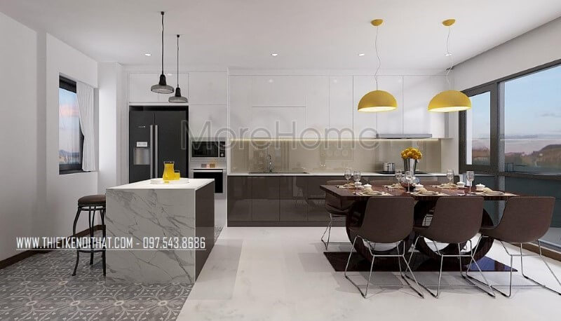 Bố trí phòng ăn lồng phòng bếp hiện đại tạo nên không gian vừa đẹp vừa tiện nghi vừa sang trọng. Thiết kế nội thất phòng ăn biệt thự