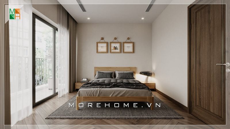 Mẫu thiết kế giường ngủ kiểu dáng hiện đại kèm tab đầu giường đơn giản bằng gỗ tự nhiên, kết hợp sàn gỗ và thảm trải sàn cùng tông màu nâu - xám, mang lại vẻ đẹp hiện đại cho căn phòng