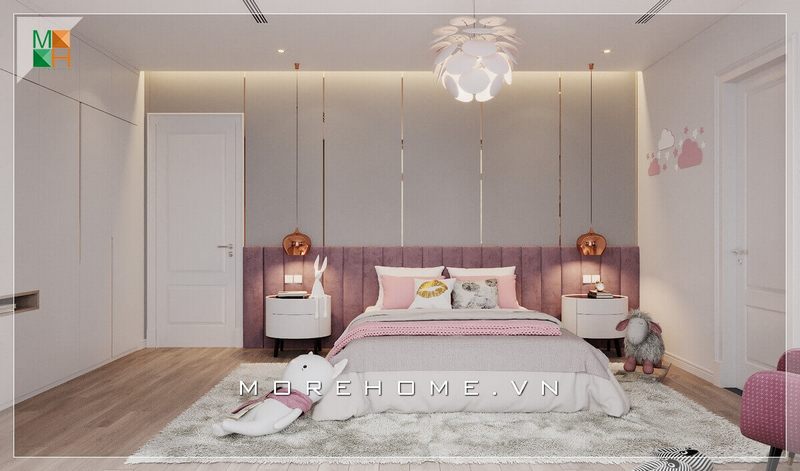 Ấn tượng với mẫu giường ngủ hiện đại đầu giường bọc nệm màu hồng rất nổi bật và nữ tính dành cho các cô con gái hoặc các bạn gái dễ thương.
