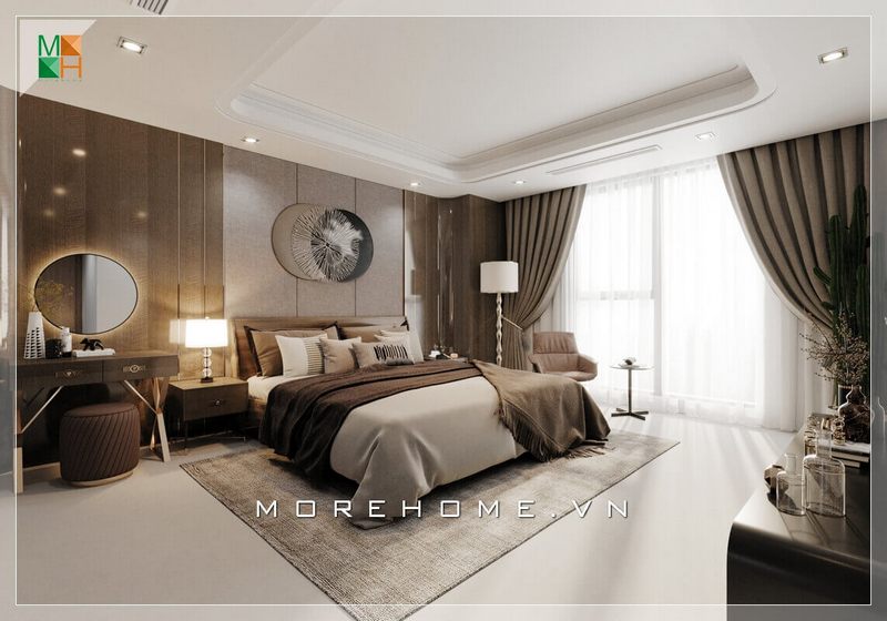 Mẫu giường ngủ hiện đại với màu sắc tinh tế của ga nệm màu trắng tinh khôi phù hợp với tone màu chung của căn phòng ngủ đẳng cấp.