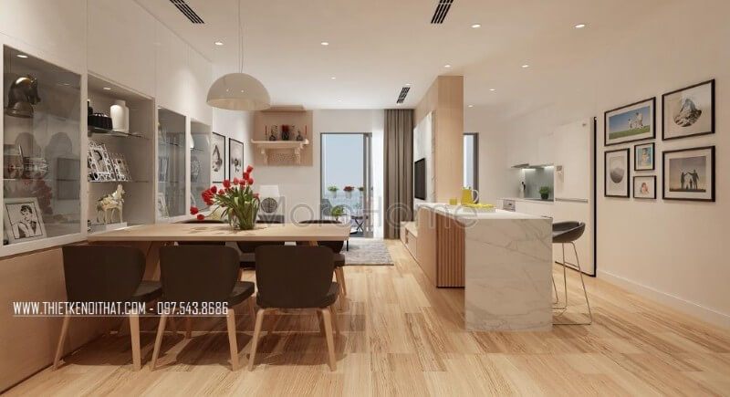 Mẫu bàn ăn khá đơn giản với thiết kế không cầu kỳ họa tiết, tone màu nâu đậm kết hợp gỗ tự nhiên giúp không gian trở nên mở, tạo sự đồng nhất cho không gian nhà chung cư