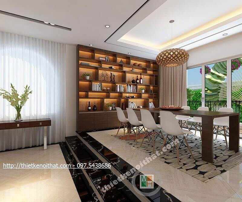 Mẫu bàn ăn dài với chất liệu gỗ công nghiệp kết hợp ghế nhựa chân gỗ cao cấp cho phòng ăn đẹp