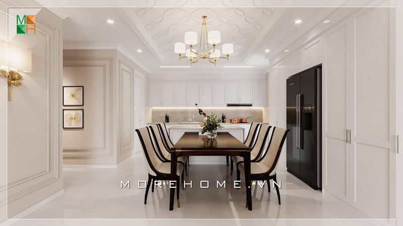 Mẫu bàn ăn 6 ghế chân gỗ tự nhiên rất sang trọng mang phong cách tân cổ điển đẳng cấp.