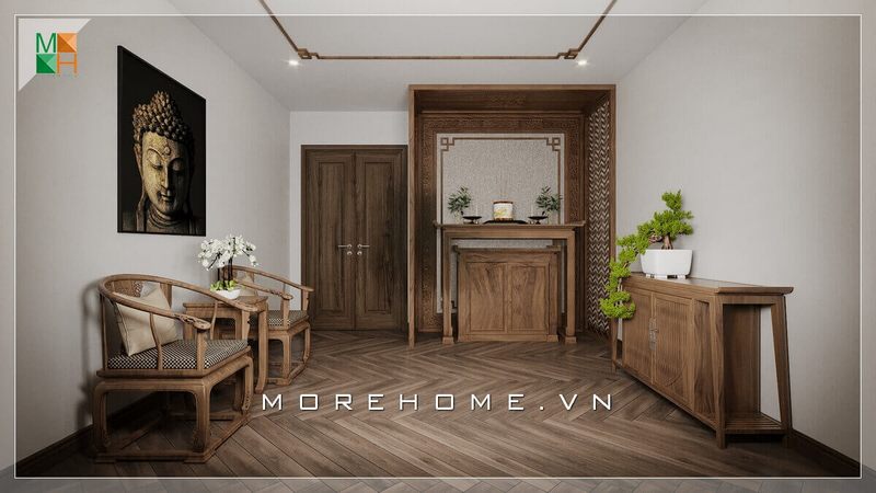 Mẫu bàn ghế phòng thờ chất liệu chính nội thất căn phòng thờ là gỗ óc chó, thể hiện sự đẳng cấp và đẩu tư của gia chủ vào căn phòng thờ một cách nghiêm túc.
