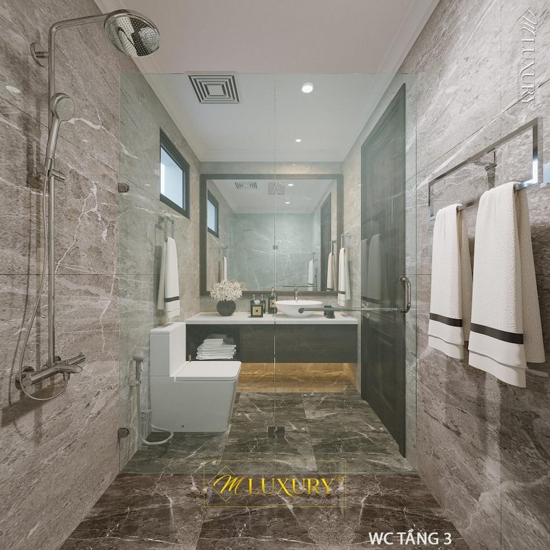 Kệ tủ lavabo treo tường gỗ óc chó mặt đá trắng hiện đại tối ưu không gian diện tích hữu ích cất trữ đồ dùng hợp lí gọn gàng.