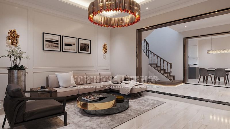 Trang trí nội thất phòng khách gỗ tinh tế đẹp với sự kết hợp nhẹ nhàng với đèn thả trần