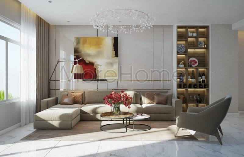 Tủ kệ gỗ phòng khách với thiết kế gỗ tự nhiên giúp gia chủ bày trí cho không gian phòng thêm sinh động