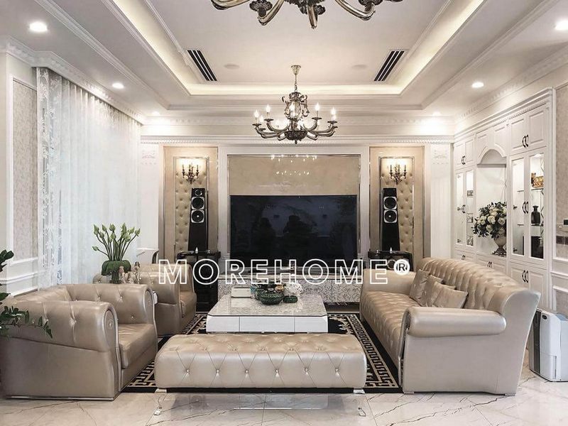 Không gian phòng khách biệt thự Ciputra đẳng cấp, lộng lẫy với bộ sofa da tân cổ điển màu sữa