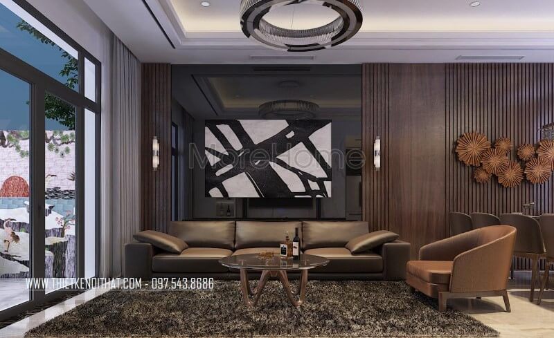 Gia chủ lựa chọn thảm lông màu tối giúp hài hòa không gian và ăn khớp với bộ bàn ghế sofa