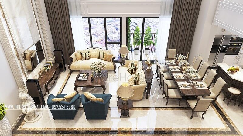 Sofa phòng khách bọc nỉ gỗ óc chó tân cổ điển đẹp cao cấp