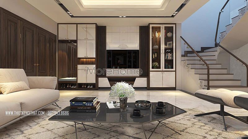 Mẫu tủ ti vi kết hợp kệ trang trí với thiết kế hiện đại chất liệu gỗ công nghiệp tạo nên sự sang choảnh, sang trọng cho phòng khách