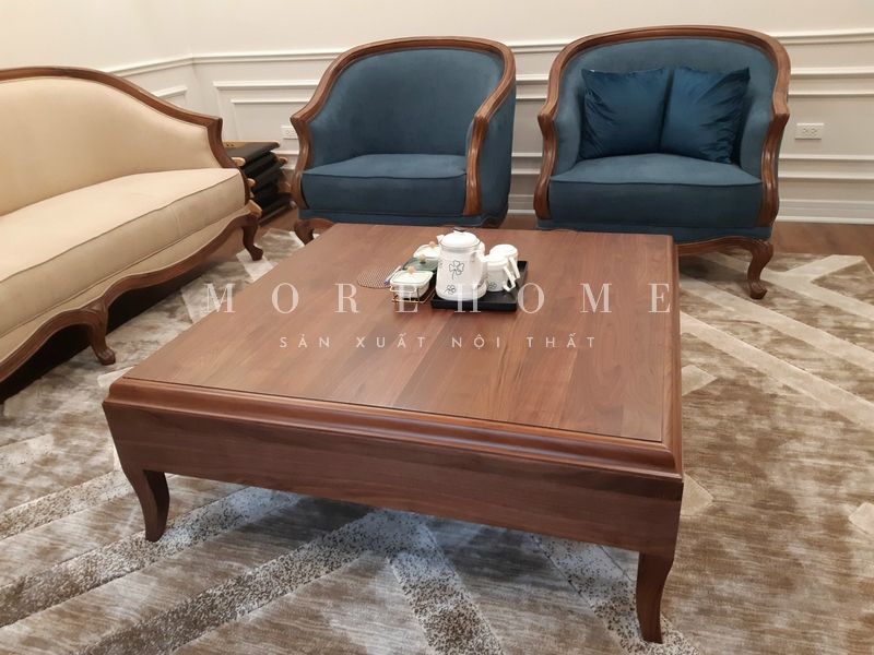 Thi công sofa đơn khung gỗ óc chó bọc nỉ màu xanh coban tân cổ điển màu sắc mới lạ ấn tượng, đường cong mềm mại điêu luyện