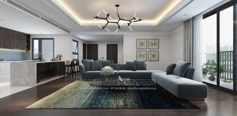 Sofa L bọc nỉ màu xanh nhạt mang lại cảm giác nhẹ nhàng, thanh thoát cho phòng khách