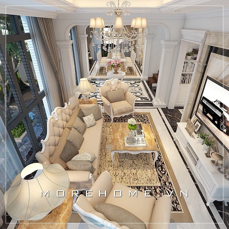 Phòng khách biệt thự được thiết kế mang phong cách tân cổ điển đẹp, sang trọng giúp tôn lên giá trị thẩm mỹ cho không gian căn phòng.