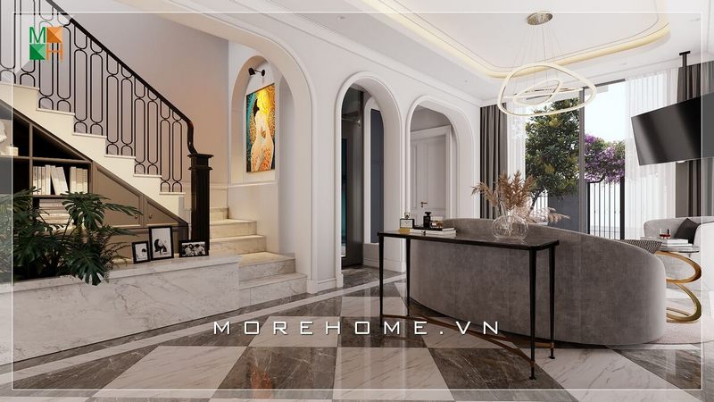 Mẫu kệ trang trí phòng khách chân mảnh với thiết kế đơn giản, ngoài tác dụng tạo điểm nhấn cho không gian phòng khách còn có thể dùng để bày lọ hoa, tranh ảnh, những vật phẩm phong thủy hay những món đồ trưng bày đẹp mà các thành viên trong gia đình yêu thích