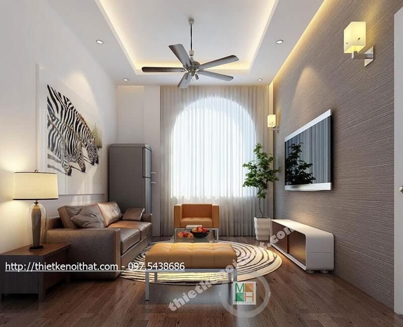 Thiết kế nội thất phòng khách nhỏ hiện đại với nội thất sofa bọc da cao cấp vừa dùng làm nơi tiếp khách vừa là không gian thư giãn của các thành viên trong gia đình