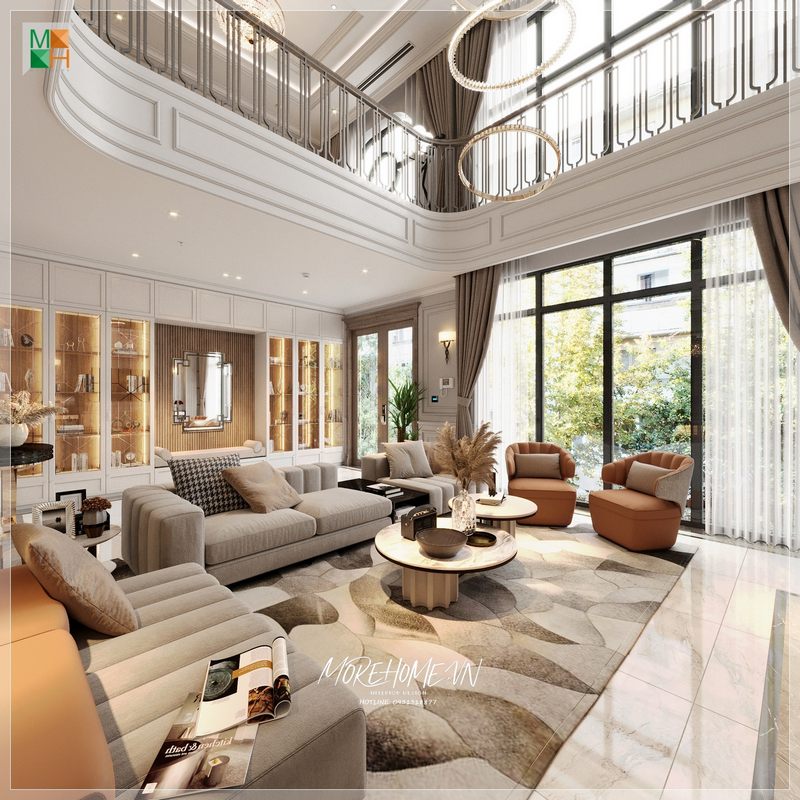 Gợi ý mẫu thiết kế phòng khách biệt thự thông tầng đẹp, sang trọng cho tổ ấm của gia đình thêm ấn tượng.