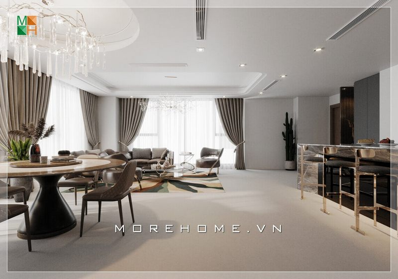 Mẫu thiết kế nội thất hiện đại, không gian liền mạch của các phòng với nhau từ phòng ăn liền bếp và liền phòng khách giúp gia chủ dễ dàng di chuyển và sử dụng, phù hợp cho không gian nhà phố sang trọng, biệt thự đẳng cấp và chung cư cao cấp.