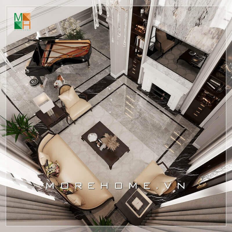 Bộ bàn ghế sofa phòng khách bọc da chân gỗ sang trọng thể hiện sự đẳng cấp cho ngôi nhà có phòng khách rộng.