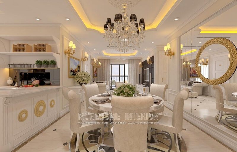 Mẫu bàn ăn đẹp với thiết kế độc đáo, mặt bàn kính hình tròn kết hợp với mẫu ghế gỗ tân cổ điển cao cấp, tạo nên một điểm nhấn nổi bật cho căn phòng.