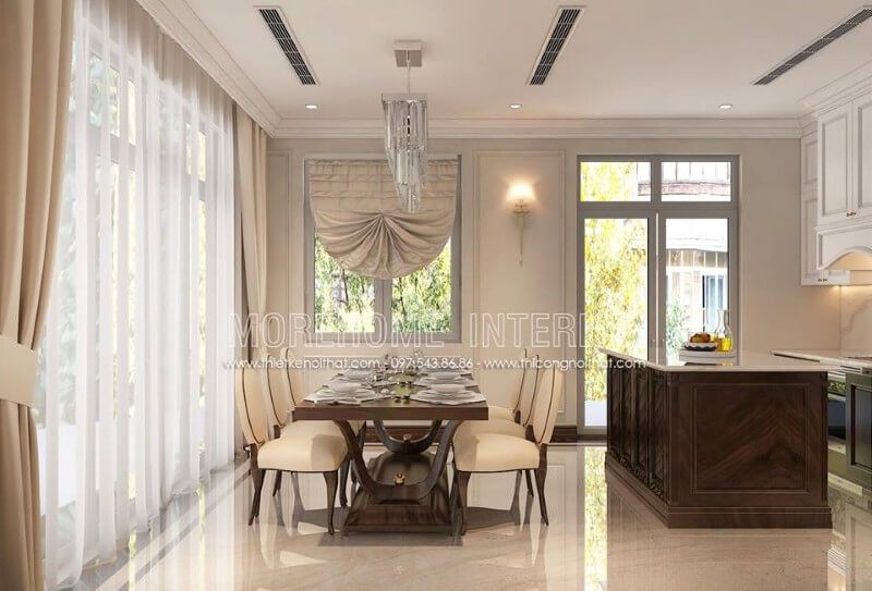 Trang trí nội thất phòng ăn của biệt thự Vinhomes The Harmony theo phong cách cao cấp với một bàn ăn đẹp tổng hợp cổ điển và hiện đại.