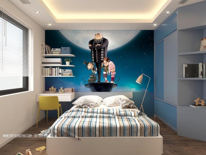 Mẫu bàn học gỗ công nghiệp sơn trắng đơn giản, được thiết kế để áp tường, cùng với kệ sách, sẽ là sự lựa chọn hoàn hảo cho không gian học tập của bé.