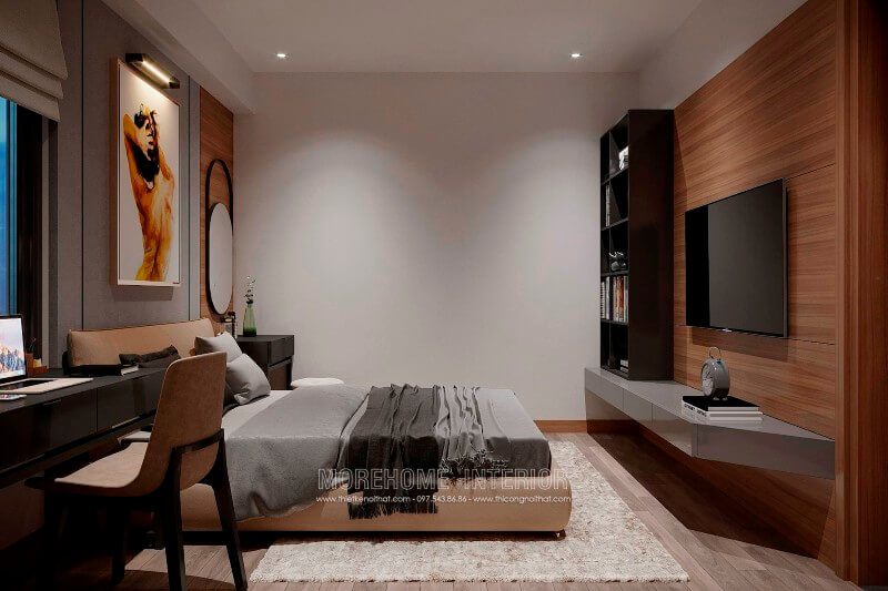 Gia chủ sẽ được tiện lợi nhất khi kệ ti vi hiện đại được bố trí liền kề với tủ sách trong phòng ngủ.