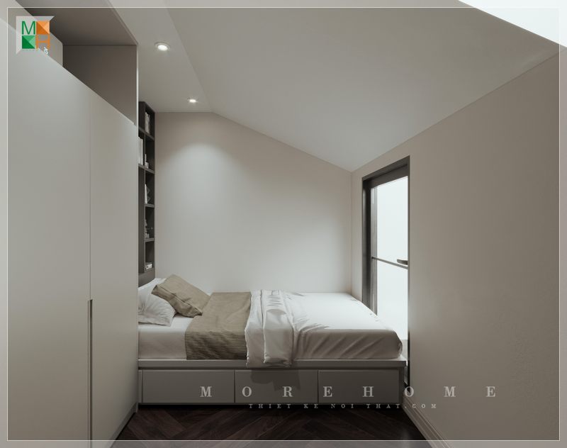 Phòng ngủ nhỏ được thiết kế với một giường được kết hợp với một ngăn kéo tiện lợi.